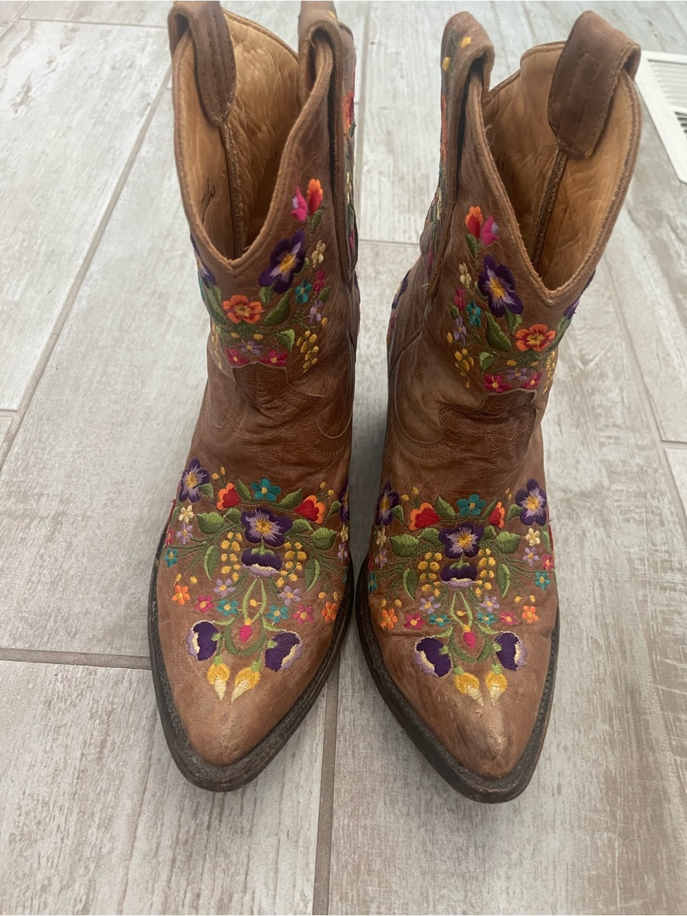 Brown Leather Embroidered Floral Western Boots